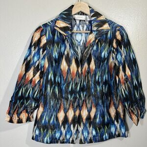 Chicos Jacket 3/4 Sleeve Multi Color Print Notch Front Sz S Denim Feel Boho‎